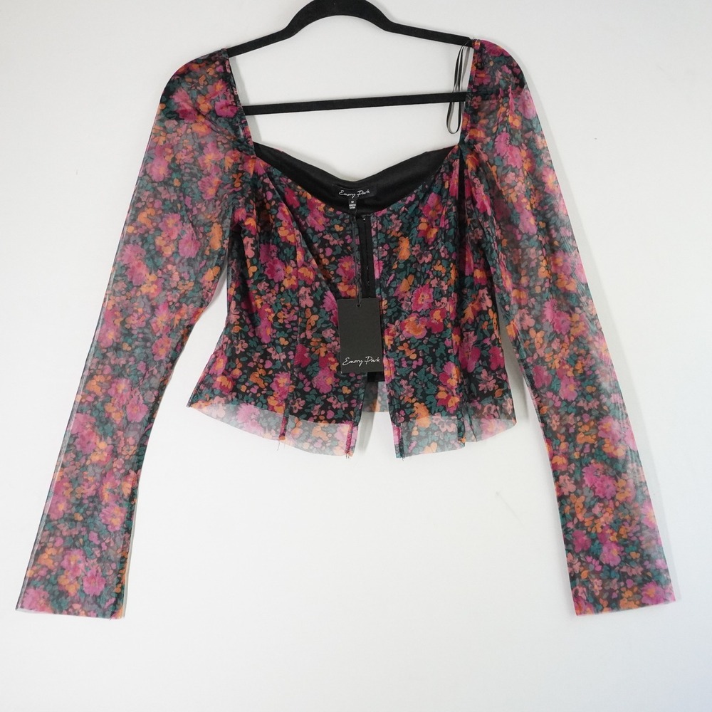 Emory Park Floral Mesh Corset Top Long Sleeve‎ Sweetheart Neckline Size M